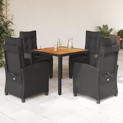 QJBSAVVA 5-TLG. Gartenmöbelset Schwarz, 90 cm Akazientisch & Poly-Rattan-Sessel, verstellbar, platzsparend