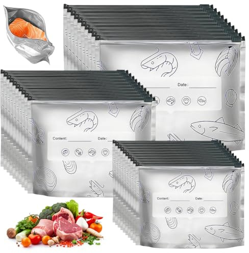 30 stycken aluminiumfoliepåsar, återanvändbara plastpåsar, aluminiumfoliepåsar med dragkedja och märkningsfält, fryspåse för kött, skaldjur och grönsaker, BPA-fri, livsmedelssäker