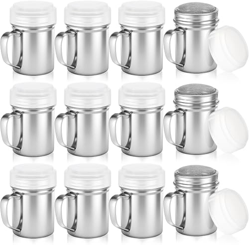 LemonRoad 12 Pcs Powdered Sugar Shaker Duster with Handle, 6oz Stainless Steel Sifter Fine Mesh Powder Duster Bulk for Sugar, Cinnamon and Kitchen Spices, Includes Plastic Lids for Coffee Bars