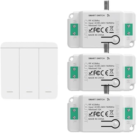 Opatiny Kit de control remoto de interruptor de luz inalámbrico, interruptor de 3 bandas con 3 receptores, señal RF de 433 MHz, 660 pies para alcance, no necesita cableado, iluminación interior y