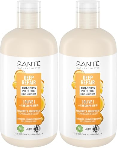 SANTE Naturkosmetik Deep Repair Anti Spliss Pflegekur Olive + Erbsenprotein, vegane Haarkur ohne Ausspülen, repariert strapaziertes Haar, für geschmeidiges und gestärktes Haar, 200 ml (Packung mit 2)