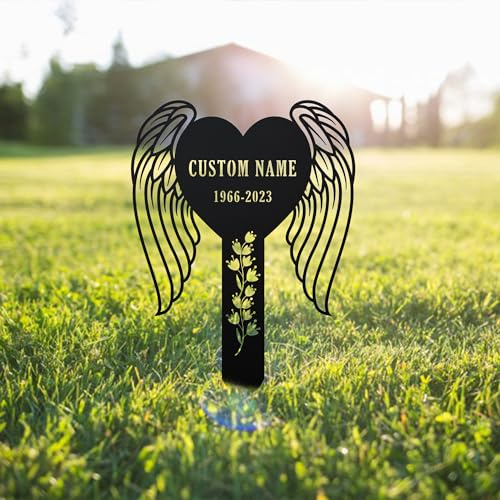 Personalized Memorial Garden Stake, Heart with Angel Wings and Floral Design, Custom Name and Date Marker, Sympathy Grave Decoration, Gift For Loss Of A Loved One