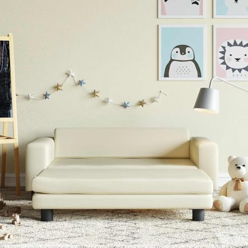 sephironlbb Barnsoffa med pall gräddvit konstläder 100 x 50 x 30 cm, babymöbler för barnrum, småbarnsmöbler med robust furutram, bekväm sits, perfekt för att leka och koppla av