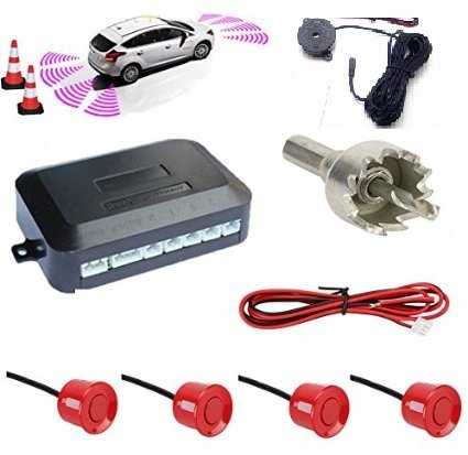 CAR PASSION Kit Sensori di Parcheggio Auto Universali Verniciabili - 4 Sensori Posteriori con Cicalino, Facile da Installare, Manuale in Italiano - Adatti per Auto, Furgoni e Camper (Rosso)