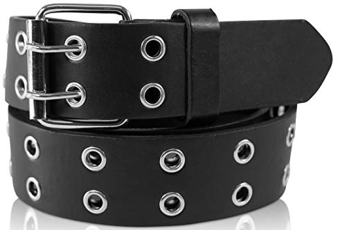 SCAMODA Doppelloch Nietengürtel mit echtem Leder für Damen und Herren, Breite ca. 3,5 cm, Schwarz, 110/BW95
