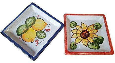 PIATTINI QUADRATI (SET DI 2 PEZZI) IN MAIOLICA (CERAMICA ARTISTICA DI VIETRI) – MADE IN ITALY; LUNGHEZZA CM. 16,LARGHEZZA CM. 16 VASSOIO POSACENERE SVUOTATASCHE