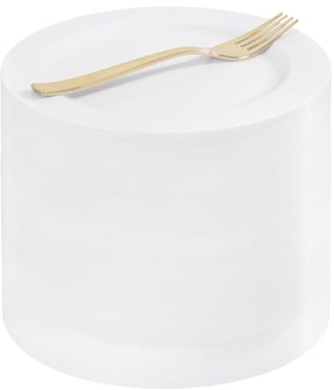 WELLIFE 100PCS White Plastic Dessert Plates and 100PCS Gold Disposable Forks, Premium Hard Dessert Plate 7.5”, Appetizer Plastic Plates for Party and Wedding