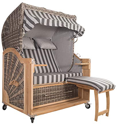 Teakholz Strandkorb Kampen 2,5-Sitzer White Oak Polyrattan Set 1 inkl. Industrierollen und Hydraulikdämpfer
