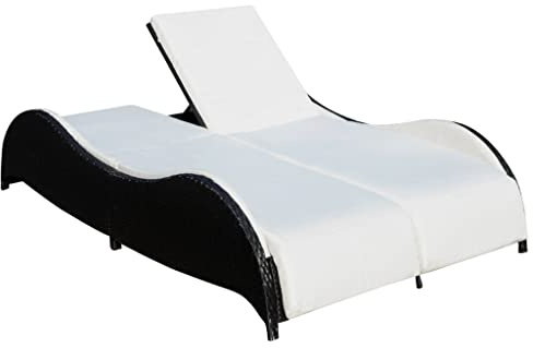 VIHHQGC Lettino in rattan per 2 persone, con cuscino, doppio lettino da sole, resistente alle intemperie, schienale regolabile, rattan PE, telaio in acciaio verniciato a polvere, imbottitura