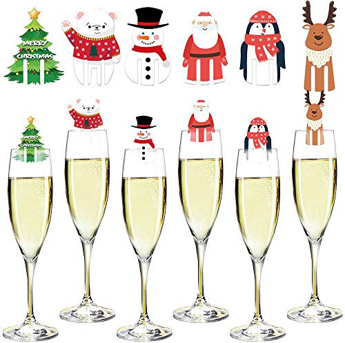 Marqueur de Verre à Vin 48 pièces, Charmes de verre à vin de Noël Carte décorative Identifiant de tasse à boire Cocktail Marqueurs de boissons Accessoires de vin Cadeaux d'hôtesse Bas de Noël