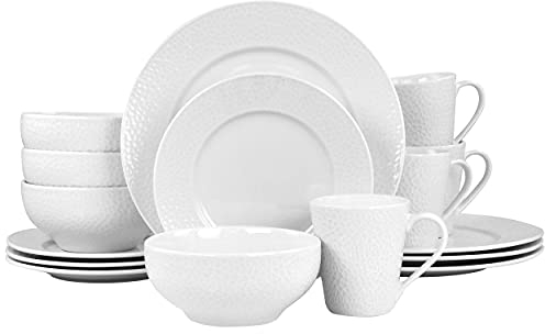 Elama Juego de vajilla de porcelana blanca, 16 piezas, jazmín