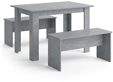 Vicco Esstisch Set Sentio, Küchentisch, Beton, 110 x 70 cm mit 2 Bänken