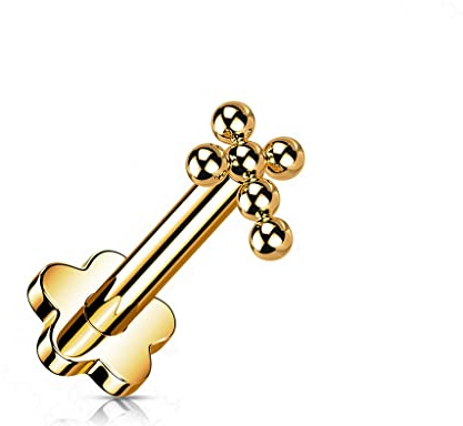 Paula & Fritz® Push-In Labret Piercing Kreuz Rosegold Titan-IUM Grade 23 Kugel Piercing Set 1,2-mm Stab-Dicke 8-mm Lang Blüten-Sockel Madonna Medusa