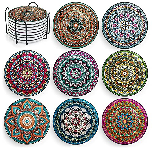 Mandala Drink Coasters with Holder - 8 Set Ceramic Boho Coaster for Drinks Absorbent with Cork Base and Black Holder - Coasters for Coffee Table Apartment Wooden Bar Mugs Glasses Cup Beer