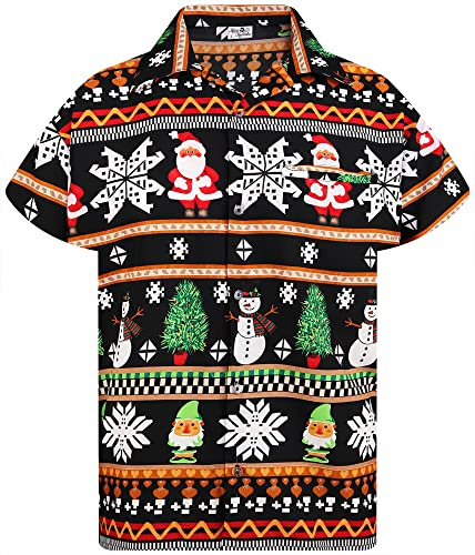 King Kameha Funky hawaii-skjorta för män, kortärmad, frontficka, Hawaii-tryck, X-Mas, jul, ren, jultomte, snötryck, Christmas Rows Schwarz, 3XL