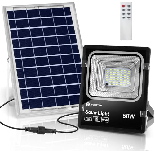 Aigostar - Projecteur LED Solaire d'Extérieur avec Panneau, 50W, Ultra Lumineux avec Protection IP66 pour Jardins, Portes, Cours, Garages