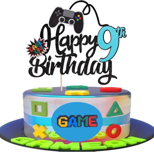 SYKYCTCY 1 Pack Happy 9th Birthday Cake Topper Glitter Video Game Cake Pick Game On Controllers Ninth Cheers to 9 Years Cake Decoration for Game Theme Happy 9th Birthday Party Supplies Black