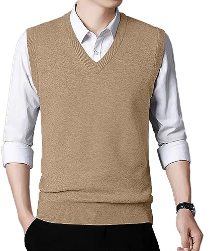 KUYIGO Los Hombres sin Mangas Jumpers Tank Top V Cuello suéter Chaleco con Borde Acanalado M de Color Caqui