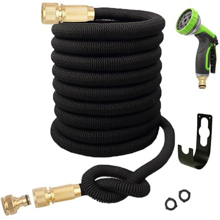 AQUABLADE FlexTube Tubo da Giardino Estensibile con Pistola Multifunzione, Raccordi in Ottone (30 M, NERO)
