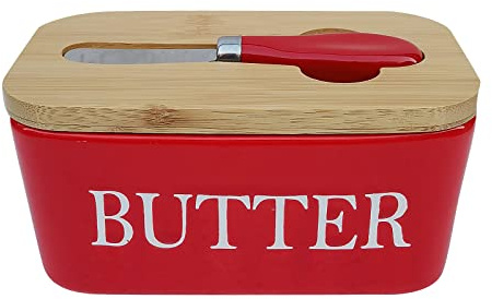 Large Butter Dish with Wooden Lid and Knife, Porcelain Butter Box Container, Ceramics Airtight Butter Keeper, Multi-Functional Butter Dishes, Butter Holder with Covers for Butter, Nuts, Cheese (Red)
