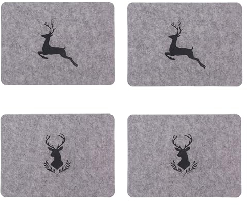 Tischset 4er Set Hirsch Motiv Filz Hellgrau Platzset 44x32 cm Untersetzer Dekoration