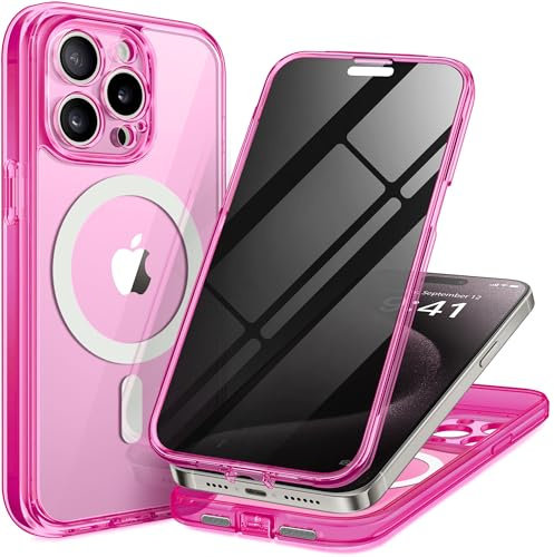 TIESZEN for iPhone 15 Pro Max Case, Compatible with MagSafe, Neon Pink | Built-in Privacy Screen Protector, Full Camera Protection，Full Body Dustproof Shockproof Hard Magnetic Phone Case 6.7