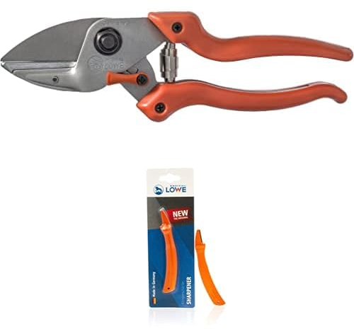 Original LÖWE Set bestehend aus Profi Amboss Gartenschere 6.104 für Schneidearbeiten am Apfelbaum oder Pflaumenbaum & Klingenschärfer 0022 für Gartenscheren und Industriescheren