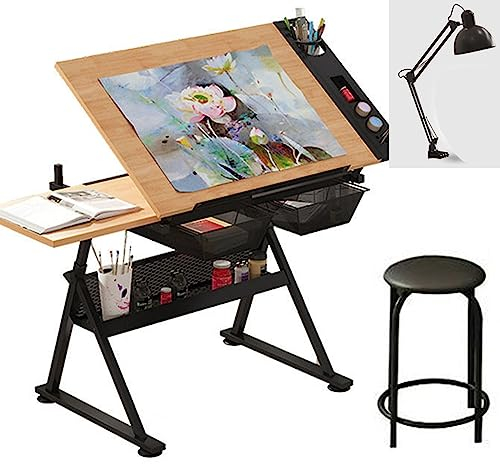 CASEGO Multifunktionaler Maltisch aus Massivholz, höhenverstellbar, großer Stauraum und einfacher Skizziertisch (solid Wood+lamp+Chair)