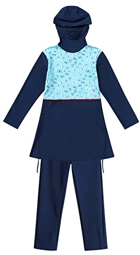 Odizli Burkini Kids Girls UPF 50+ UV Full Body Swimsuit Muslim Swimming Costume Modest Swimwear Long Sleeve Top Shirt Short Pants Swim Cap 3pcs Bathing Suit Rash Guard Beachwear Blue Long 11-12 Years