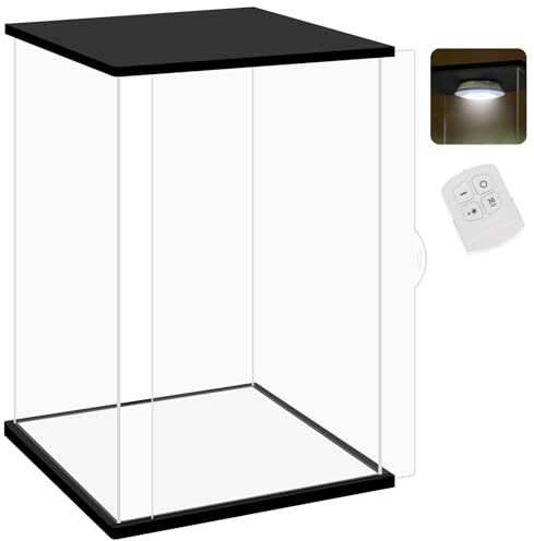 Nonemey Acryl Vitrine / Schaukasten mit LED Licht & Fernbedienung – Transparent staubdichte Display Case Box für Sammlerstücke,Figuren & Collectibles- Schwarz,20x15x35cm