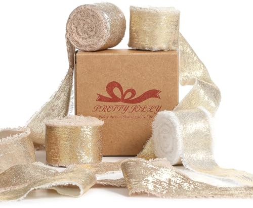Pretty Jolly Handmade Shimmery Chiffon Ribbon for Gift Wrapping 20Yds | Frayed Fringe Silk Ribbons,Ribbon Rolls,for Flower Bouquet,Wreaths,Wedding Invitations,Decor,Crafts,1 1/2 Inch,Champagne Set