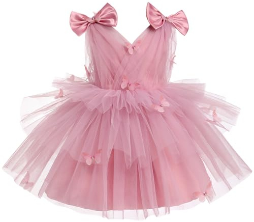 IDOPIP Bébé Fille 3D Papillon Tulle Robe Arc épaule V Cou sans Manches Princesse Demoiselle d'honneur de Soirée Rose foncé 110