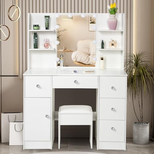 LIANWANG Modern Dressing Table with Mirror and Lights, Girls Makeup Table 140x100x40cm, 3 Color Modes, 5 Drawers, 6 Cabinets for Storing Items, White Vanity Set