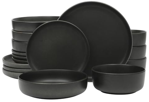 Gibson Elite Pasco 16 Piece (Service for 4) Plates and Bowls Double Bowl Reactive Glaze Dishes Stoneware Ceramic Dinnerware Set - Black