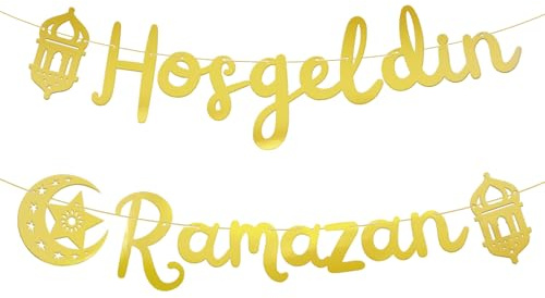 BETESSIN Ramadan Deko - Hosgeldin Ramazan Girlande Gold - Ramadan Dekoration zum Aufhängen - Ramazan Dekor - Girlande für Muslimische Festlichkeiten und Eid Dekoration