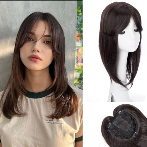 Topper per capelli lisci con attaccatura frontale in pizzo, copertura per la base, per diradare i capelli, colore bianco, da donna, parrucca in fibra con frangia (marrone nero)
