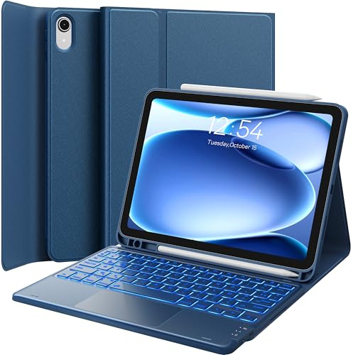 Earto Coque avec Clavier pour iPad 11e Gen A16 2025/10e Gen 2022 | Touchpad, Éclairage 7 Couleurs, Rechargeable, Clavier AZERTY, Bleu Marine,Pour nomades et professionnels.