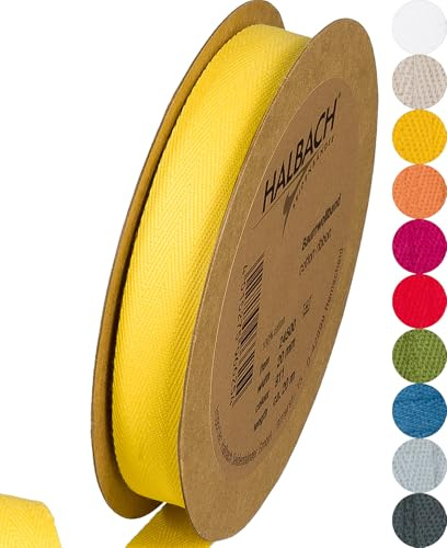 Halbach Baumwollband, 20 mm x 20 m, gelb | Webband aus 100 % Baumwolle, Meterware zum Basteln, Dekorieren und Nähen