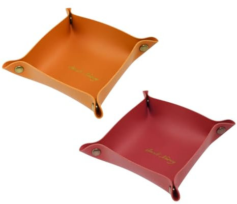 WisePoint Taschenleerer 2PCS, Kunstleder Ablageschale Schlüsselschale Faltbares Handy Schmuck Schlüssel Münzen, Stilvolles Lederschale Tablett für Wohnzimmer, Büro (orange+rot)