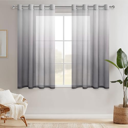 Hiasan Gardinen mit Ösen Vorhänge Farbverlauf Halbtransparent Wohnzimmer | Grau 140x160cm 2er Set, Ösenvorhang Gardine Vorhang aus Voile sanftes Licht moderne Dekoschal für Schlafzimmer Kinderzimmer