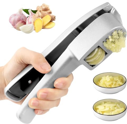 VFANDV Knoblauchpresse Edelstahl, 2 In 1 Knoblauchhacker und schneider, Knoblauchschneider Ingwer Garlic Press, Handlich & Leicht zu Reinigen Spülmaschinenfest Robust, Silber
