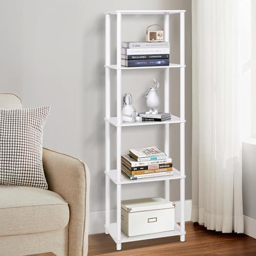 YGYQZ Regal, Weiß Schmal Bücherregal, Hohes Standregal mit 5 Ebenen, Holz offene Schlankes Eckregal für Schlafzimmer Wohnzimmer, 130 x 40 x 30 cm