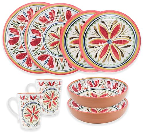 Patterned Outdoor Melamine Dinnerware Set with Mugs - Multicolour Camping/Picnic Plates Bowls Cups Set (8, Mediterranean)