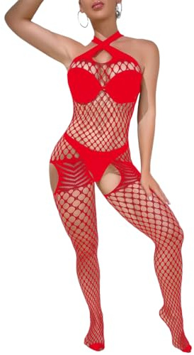 PARUPRUP Rete Incrociata Bodystocking Sexy da Donna Trasparente Senza Maniche Babydoll Intimo Apertura Sul Cavallo Tuta Grande Buco Calze Per Tutto il Corp (Rosso, Taglia unica)
