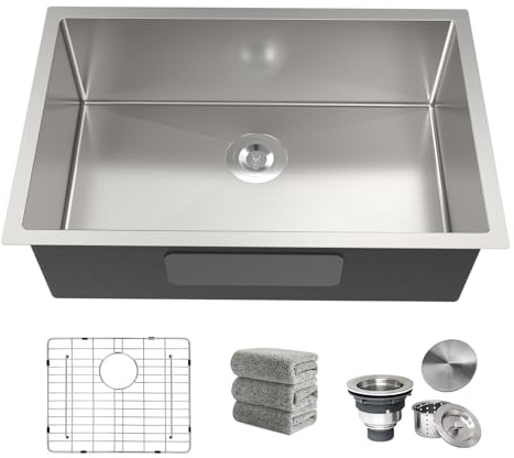 Kitchen Sink 28x18 Inch Undermount Kitchen Sink 16 Gauge Stainless Steel Sinks Single Bowl with Accessories Round Corners Handmade