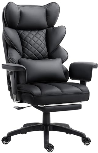 Dowinx Gaming Stuhl, Bürostuhl Ergonomisch mit Taschenfeder-Kissen, Chefsessel mit Doppellagige weiche Rückenlehne und verstellbare Lendenkissen, Armlehnen und Fußstütze(PU-Schwarz)