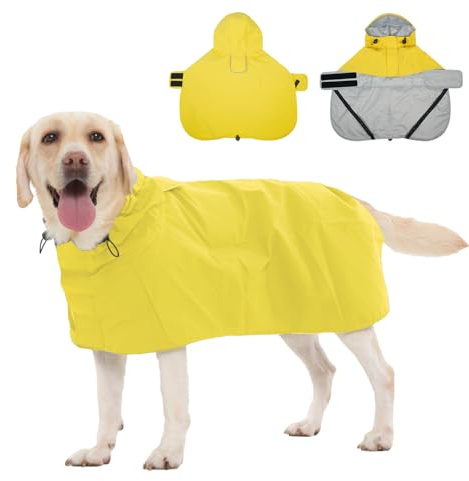 Hjyokuso Regenmantel Hund XXXL, Wasserdicht Hunderegenmantel mit Kapuze, Reflektierende Elemente, Verstellbar, Hundejacke mit Beinschlaufen & Leinenöffnung für kleine mittelgroße große Hunde Gelb