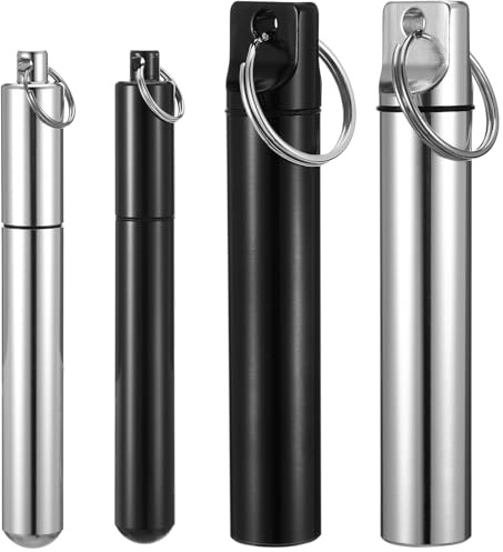 Heclia 4PCS Metal Portable Toothpick Holder Mini Toothpick Container Small Travel Box with Keychain Dental Pick Holder Toothpicks Dispenser Aluminum Alloy Pocket Toothpicks Cases For Outdoor Picnic