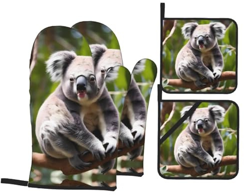 4 pezzi Set Di Presine Da Cucina Funny Koalas Guanti Da Barbecue Divertenti Guanti Da Forno A Microonde Per Grigliare, Cucinare, Cottura Al Forno
