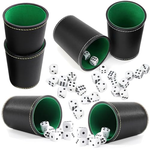 BIZOI Gobelet à Dés en Cuir, Lot de 6 gobelets à Dés en Cuir Synthétique, Ensemble de gobelets à dés Leather Dice Cup avec 36 déss pour Bars, Boîtes de Nuit, Jeu de Société Familial